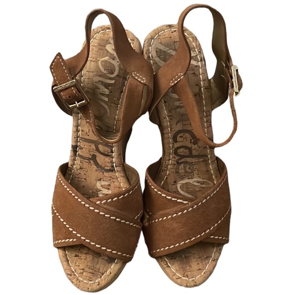 Sam Edelman Suede Leather Wedge Sandals Size 9.5 Brown Cairo Wooden Heel - Picture 6 of 9